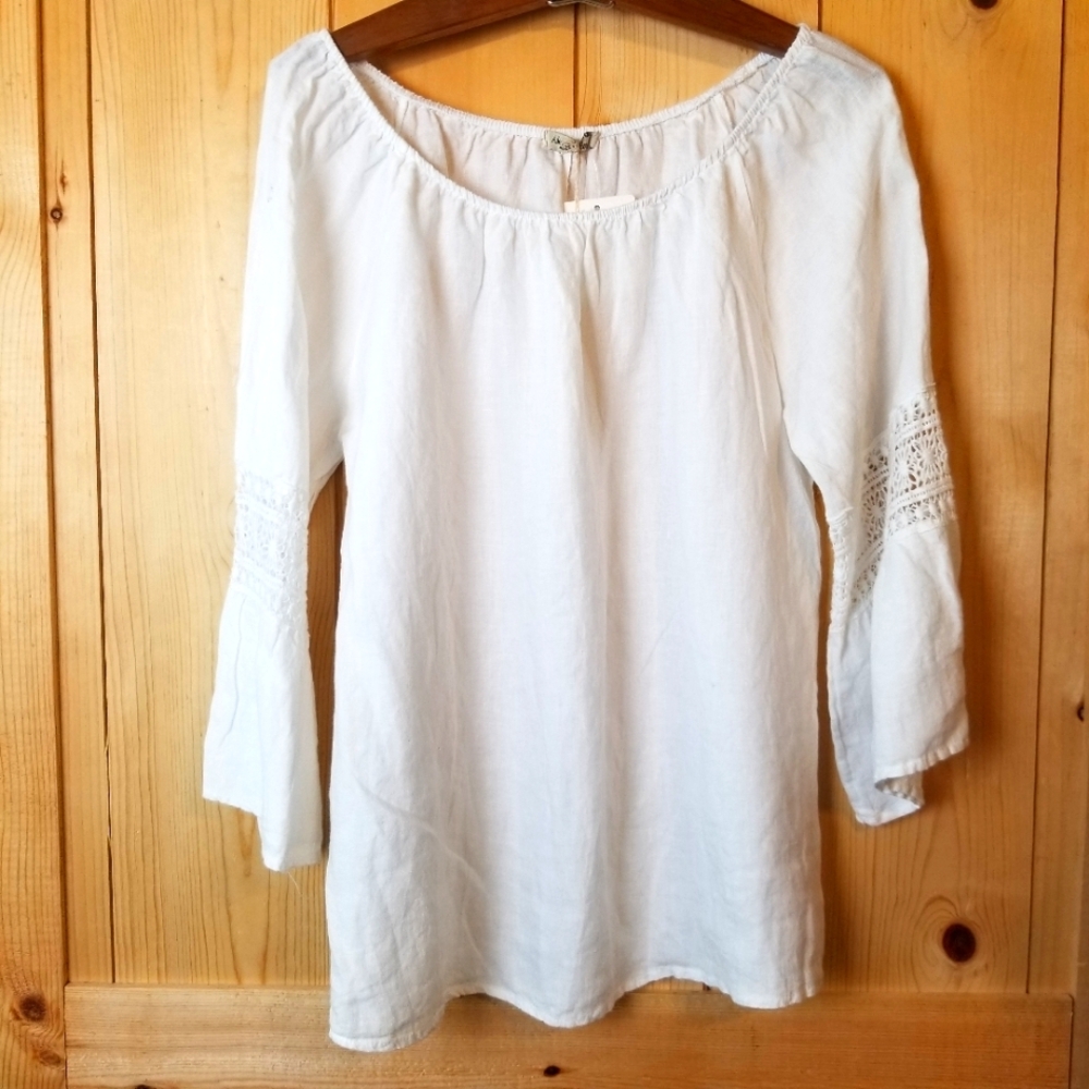 Alessia Pacini Linen Peasant Trumpet Sleeve Crochet Boho Boat Neck Top NWT